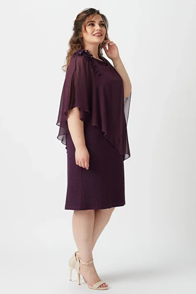 Moda Alba Plum Short Caped Flower Embroidered Large Size Glitter Stretch Fabric Dress