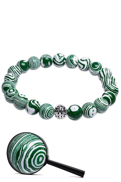 Tesbih Atölyesi Natural Green Malachite Stone Bracelet with Certified Silver Device