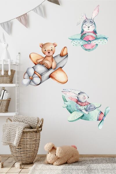 Sticker Sepetim مجموعة ملصقات حائط لغرفة الأطفال بتصميم أرنب طيار ودمية دب من...