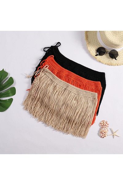 TABUU MODA Tasseled Crochet Knitted Beige Pareo Skirt
