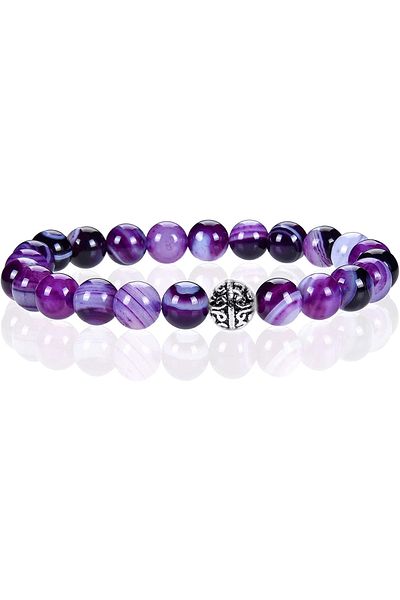 Tesbih Atölyesi Natural Purple Agate Stone Bracelet with Certified Silver Device