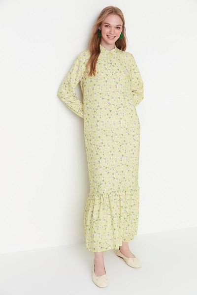 Trendyol Modest Světle žlutá květinová poloviční sukně Tkané šaty s volánkovou podšívkou TCTSS21EL3353