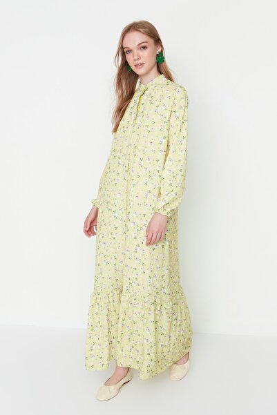 Trendyol Modest Ανοιχτό κίτρινο φλοράλ Φούστα με μύτη με βολάν με επένδυση TCTSS21EL3353
