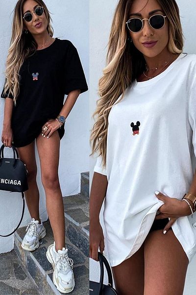 MODAGEN Dámské černobílé dvoudílné oversize tričko Mickey Mause s potiskem