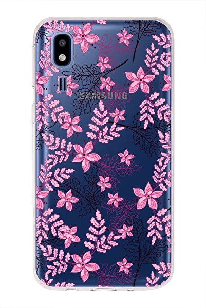 PrintiFy Samsung Galaxy A2 Core Uyumlu Kapak Floral Pembe Tasarımlı Şeffaf Silikon Kılıf