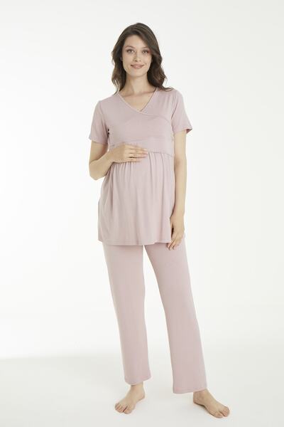 Miss Dünya Lissa Pudra Çizgi Desenli Lohusa Ve Hamile Pijama Takım