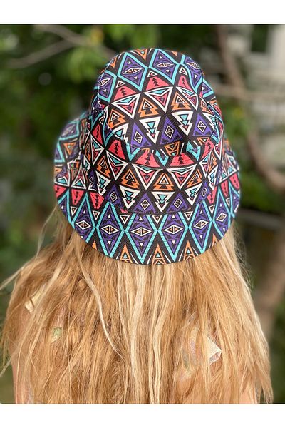 QUEEN AKSESUAR Unisex Girl Boy Bucket Baguette Hat Colorful Colorful Authentic Geometric Shape Patterned