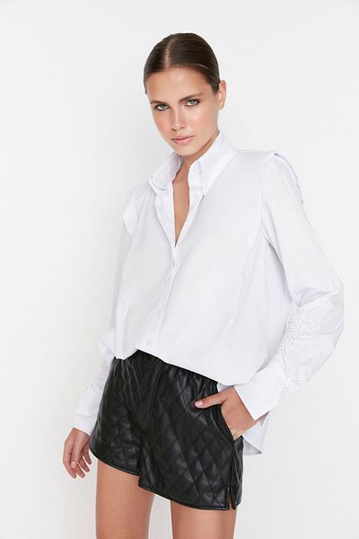 Trendyol Collection Sagaza Studio Popeline-Hemd - Weiß, Kordelzug-Detail, gewebt TPRAW22GO1191