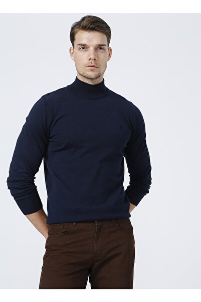 Fabrika Bernardo Half Turtleneck Basic Plain Navy Blue Men's Sweater
