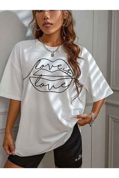 MODAGEN Tricou alb oversize, cu imprimeu Love Is, pentru femei