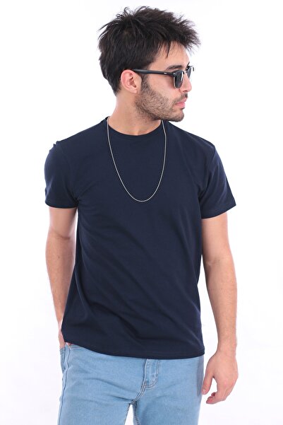 %100 Pamuk Lacivert Bisiklet Yaka Kısa Kollu Unisex Basic Tshirt