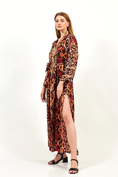 Nomads Felt %100 Ipek Kimono Sabahlık Kırmızı Kaftan Etnik Ikat Desenli