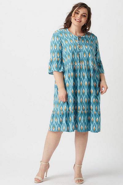 Moda Alba Turquoise Patterned Ruffle Plus Size Dress