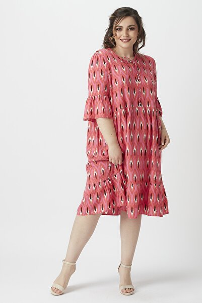 Moda Alba Pink-orange Patterned Ruffle Plus Size Dress