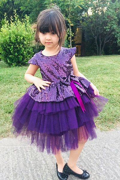 Mashotrend Ribbon Plum Tulle Evening Dress - Sequined Dress - Children's Evening Dress - Girls' Evening Dress