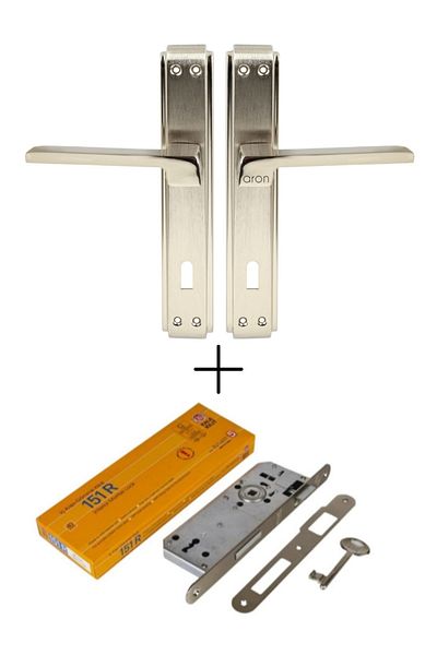 ARON Anka Mirrored Nickel Satin (room) Type Door Handle & Door Lock System + Mounting Screws
