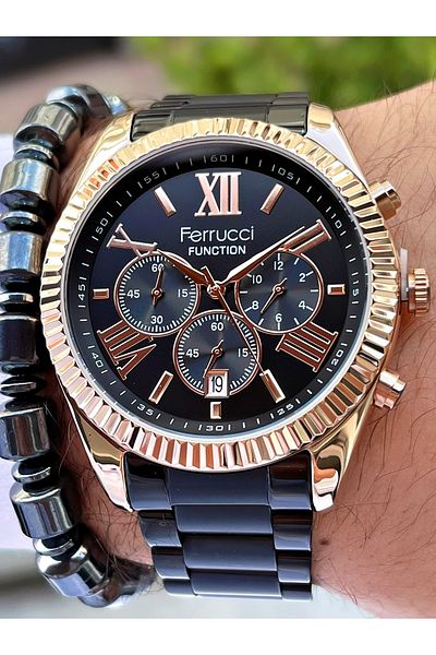 Ferrucci Black Rose Gold Color Functions Active Men's Wristwatch + Bracelet