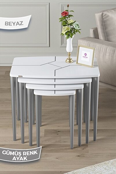 Canisa Concept Argent Serisi, Mdf Beyaz 4lü Beyaz Sehpa Takımı Gümüş Gürgen A...