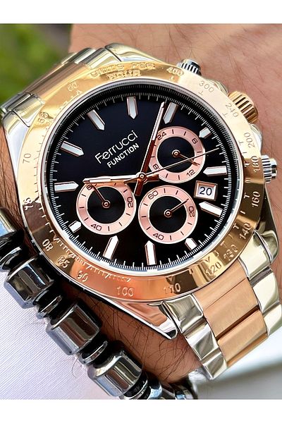Ferrucci Rose Gold Silver Black Dial Functions Active Men's Wristwatch + Bracelet Gift