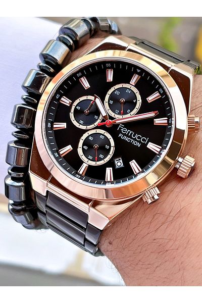 Ferrucci Black Color Rose Gold Case Functions Active Steel Strap Men's Wristwatch + Bracelet Gift