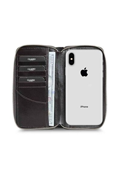 GUARD Texas Printed - Zippered Brown Genuine Leather Portfolio Wallet