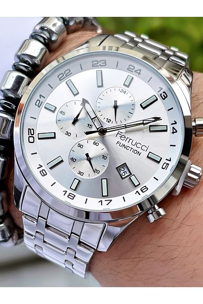 Ferrucci Silver Color Silver Dial Domed Glass Function Men's Wristwatch + Bracelet Gift