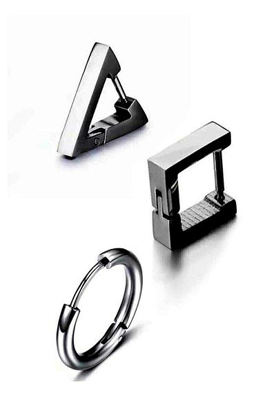 The Collection 3 Piece Set Black Triangle Square Circle Geometry Surgical Steel Earrings