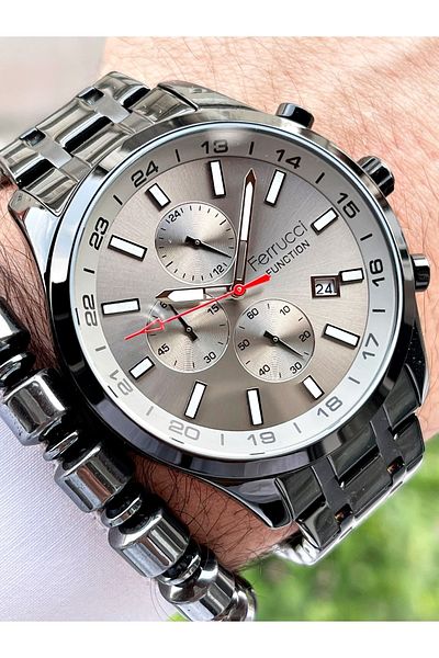 Ferrucci Black Color Gray Dial Domed Glass Function Men's Wristwatch + Bracelet