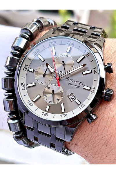 Ferrucci Black Color Gray Dial Domed Glass Function Men's Wristwatch + Bracelet