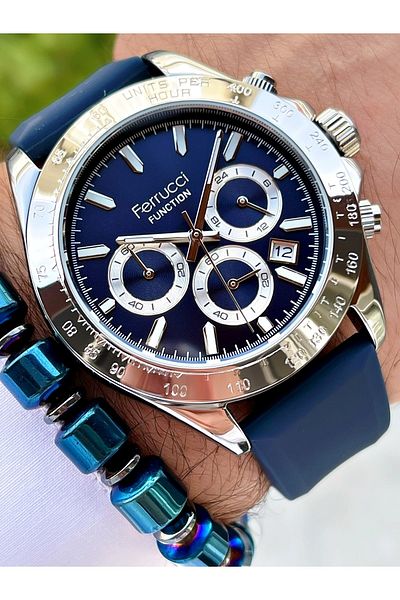 Ferrucci Navy Blue Color Silicone Strap Functional Men's Watch + Bracelet Gift
