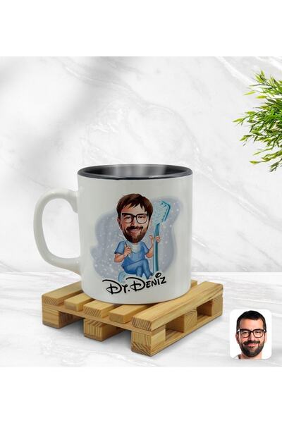 Bk Gift Kişiye Özel Erkek Diş Hekimi Karikatürlü Içi Siyah Renkli Kupa Bardak...