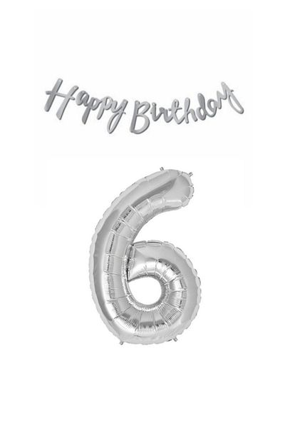 LOTUS PARTY 6 Year Old Birthday Set Silver Foil Balloon And Silver Happy Birthday Text