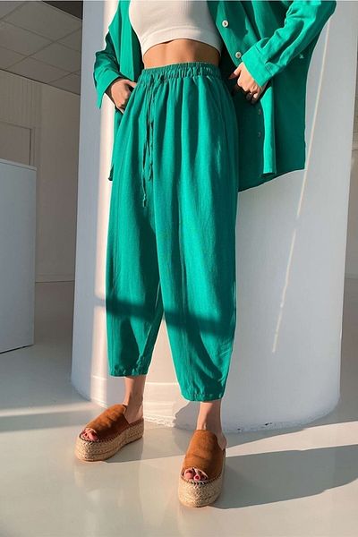 Suzi butik Women's Linen Front Stitched Grass Green Shalwar Trousers