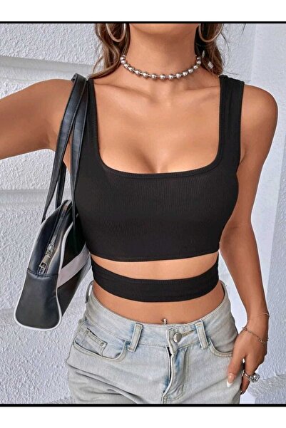 charango Kadın Kalın Askılı Göbek Dekolteli Crop Bluz