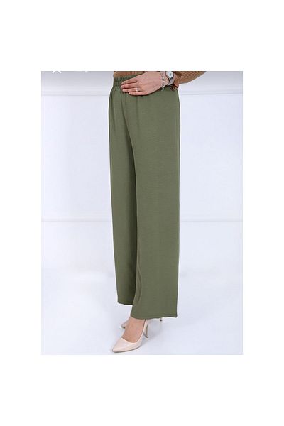 Fresh&Moda Women's Khaki Elastic Waist Ayrobin Fabric Wide Leg Large Size Trousers
