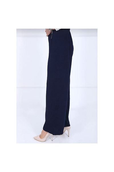 Fresh&Moda Women's Navy Blue Elastic Waist Ayrobin Fabric Wide Leg Large Size Pants