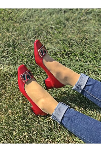 D&A İzland Shoes Kadın Kırmızı Chart Tokalı Şik Hakiki Derili Alçak Topuk Ayakkabı