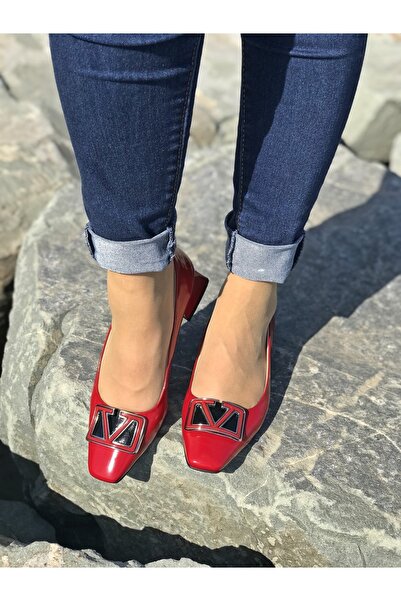 D&A İzland Shoes Kadın Kırmızı Chart Tokalı Şik Hakiki Derili Alçak Topuk Ayakkabı