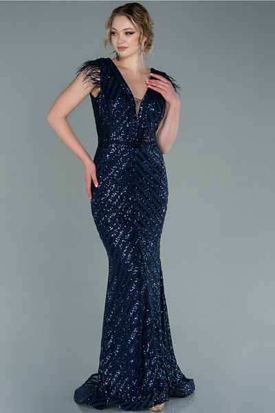 Abiyefon Women's Navy Blue Long Sequin Embroidered Openwork Evening Dress Abu881