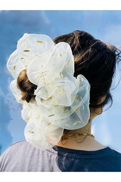 TOKALİLYA Kadın Lastikli Altın Sarısı Detaylı Organze Kumaş Oversize Xxl [çapı 20cm] Scrunchie Simit Toka