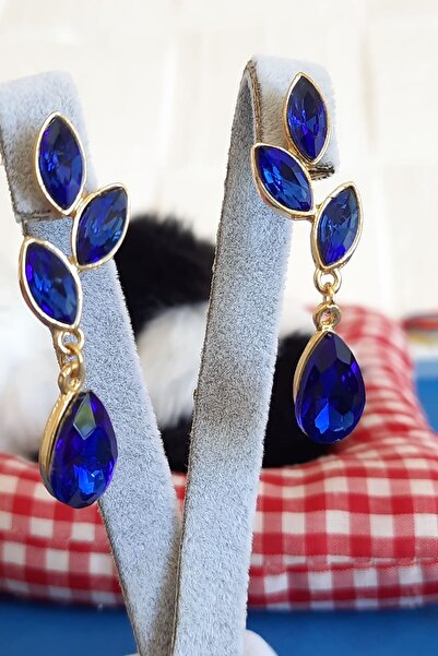 BB wikiki Yaprak Model Kristal Taşlı Küpe Mavi