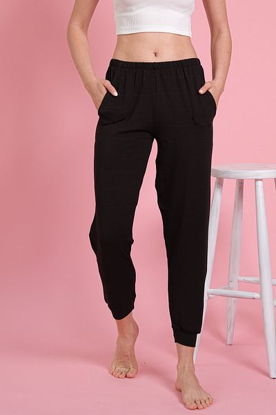 MAYSSTORE Pantaloni de pijama cu manșete din viscoză neagră cu buzunare / pantaloni de acasă