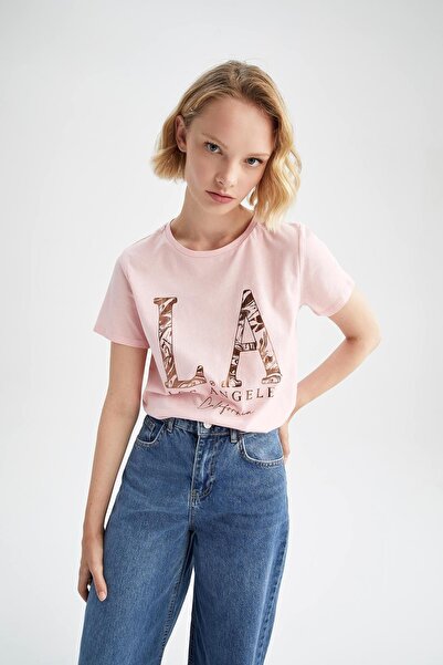 DeFacto Μπλουζάκι Regular Fit Crew με στάμπα με κοντό μανίκι 100% βαμβάκι