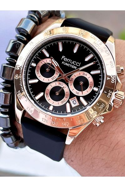 Ferrucci Black Rose Gold Color Silicone Band Functional Men's Watch + Bracelet