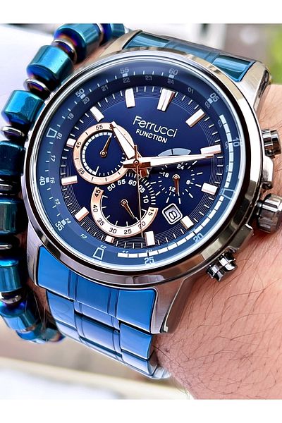 Ferrucci Navy Blue Color Black Case Steel Strap Functional Men's Wristwatch + Bracelet Gift