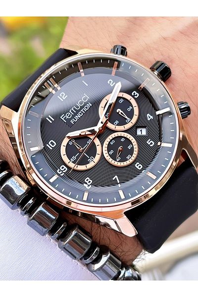 Ferrucci Black Silicone Band Functional Men's Wristwatch + Bracelet