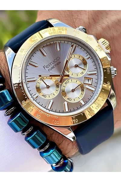Ferrucci Navy Blue Gold Color Men's Watch with Silicone Band Function + Bracelet Gift