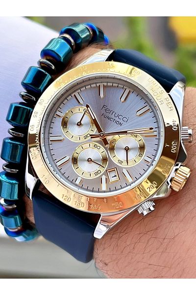 Ferrucci Navy Blue Gold Color Men's Watch with Silicone Band Function + Bracelet Gift