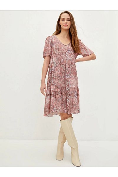 LC Waikiki Lcwaikiki Classic - Red Printed V-Neck Viscose Women's Dress