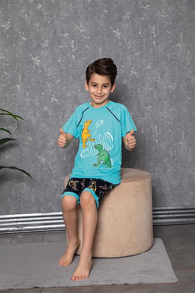 Tarık Boy's Dino Pajama Set with Shorts 100% Cotton